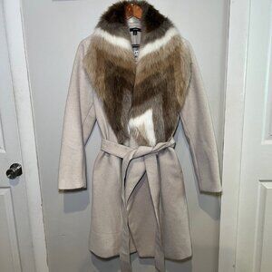 Women's Small/Medium, Beige, Alfani Faux-Fur Collar Belted Coat